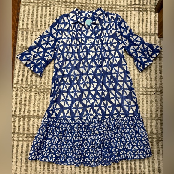 Iconique 100% cotton blue white bold flowy printed dress short sleeve size L - Picture 2 of 6